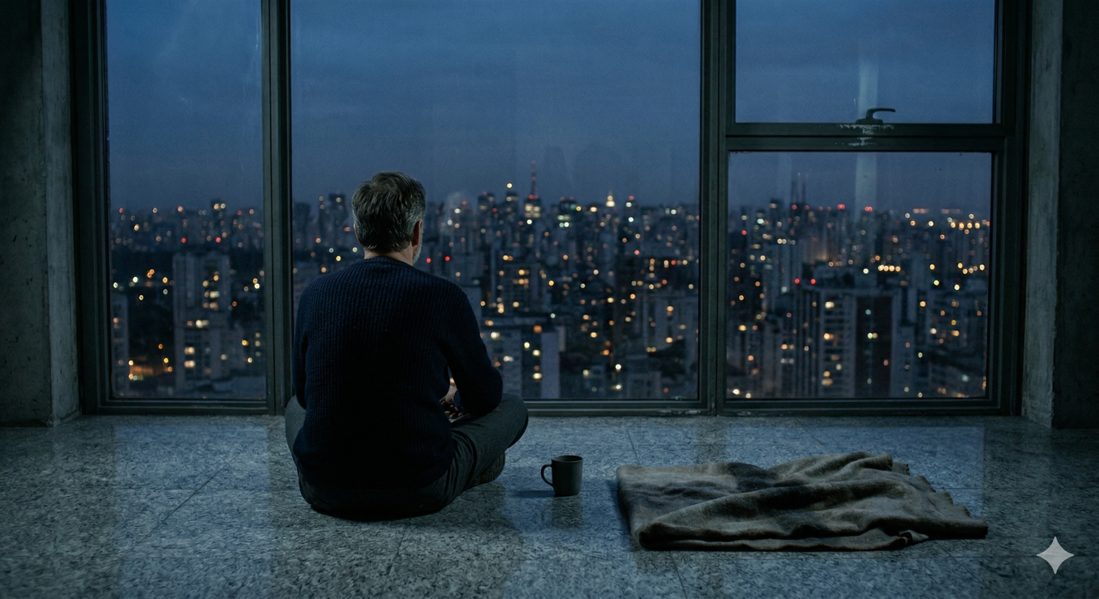 Man, sitting by himself, remembering the person who used to sit beside him on the now empty blanket. He stares out a window, over a city skyline.